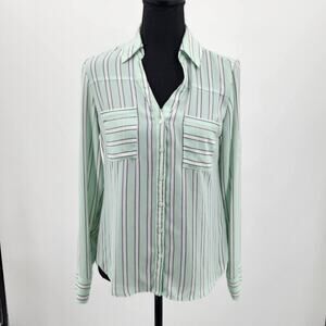 Express The Portofino Shirt Mint Striped Button Down Hi-Lo Blouse Women's Sz XS